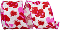 White Red 2-1 2 Inch Hearts Tossed Colors Print Linen Wired Edge Ribbon for Wreaths & Bows