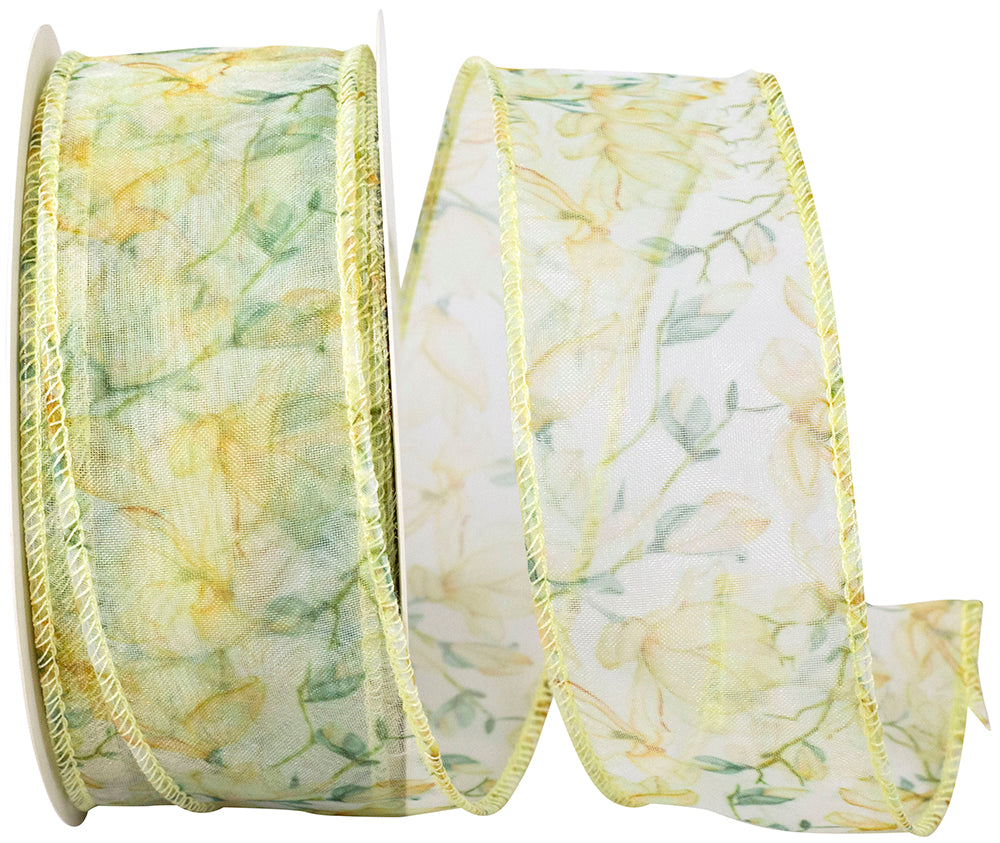 Maize 1-1 2 Inch Floral Sheer Amarillo Wired Edge Ribbon for Wreaths & Bows