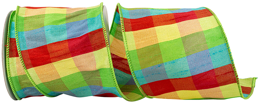 Plaid Primary Jumbo Dupioni Ribbon Multi 4 Inch Wired Edge