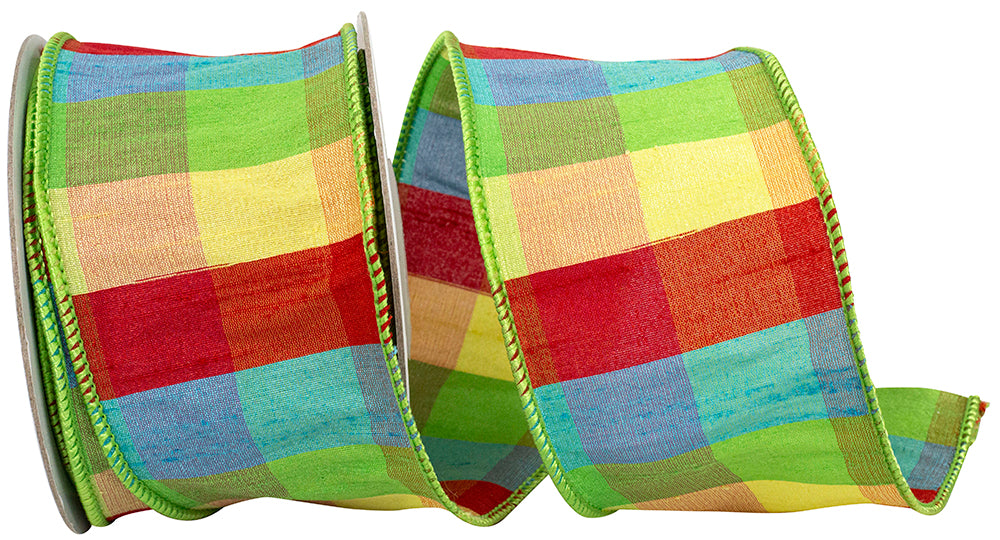 Plaid Primary Jumbo Dupioni Wired Edge Ribbon 2-1/2 Inch Multi