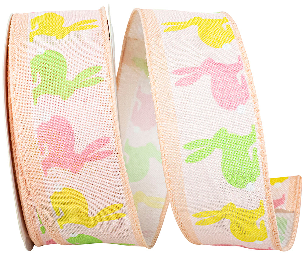 Light 1-1 2 Inch Bunny Hop & Repeat Linen Wired Edge Ribbon for Wreaths & Bows
