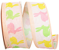 Light 1-1 2 Inch Bunny Hop & Repeat Linen Wired Edge Ribbon for Wreaths & Bows