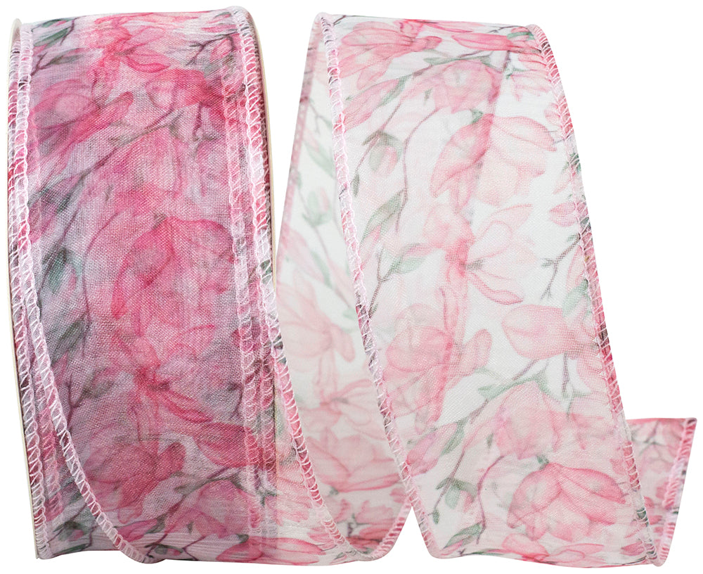 Pink 1-1 2 Inch Floral Sheer Rosado Wired Edge Ribbon for Wreaths & Bows