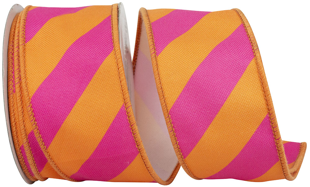 Diagonal Stripe Orange Fuchsia Canvas Wired Edge Ribbon 2.5 Inch