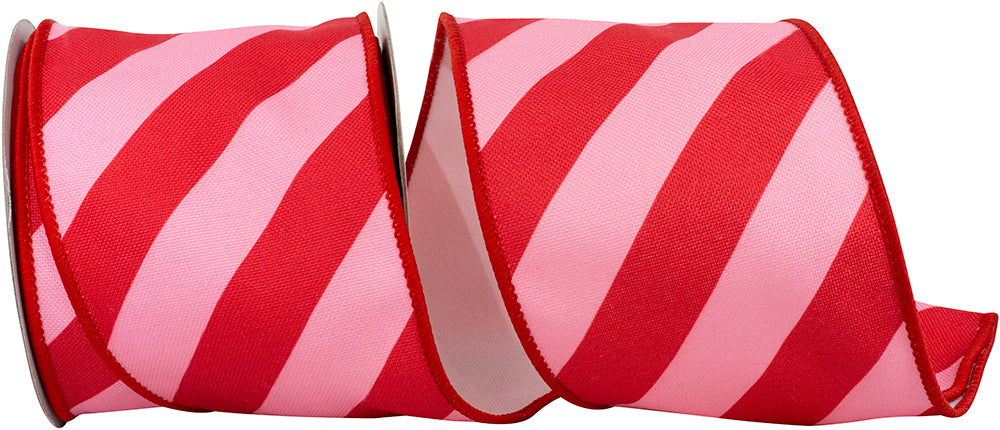 4 Inch Pink Red Diagonal Stripe Canvas Wired Edge Ribbon