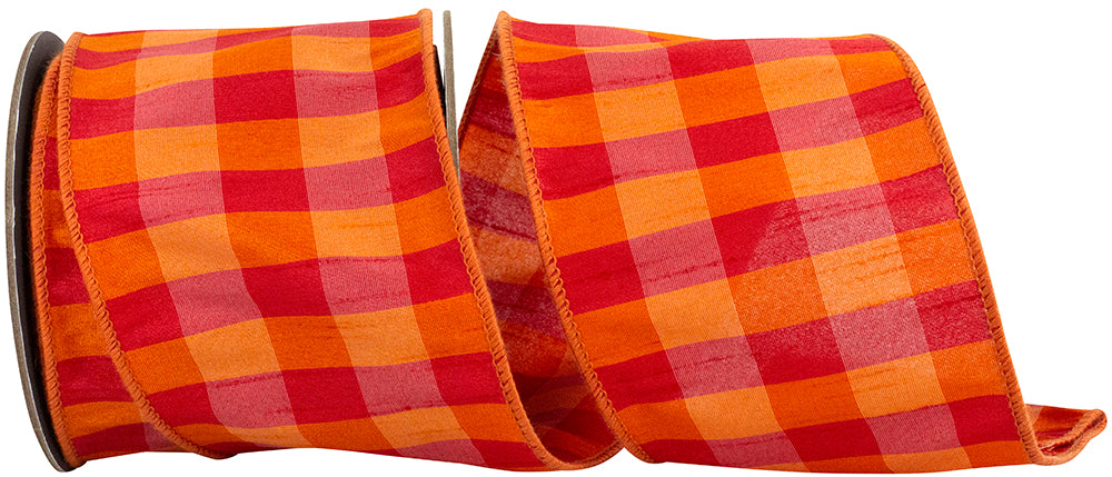 Orange Fuchsia 4 Inch Dupioni Tierra Check Deluxe Wired Edge Ribbon for Wreaths & Bows