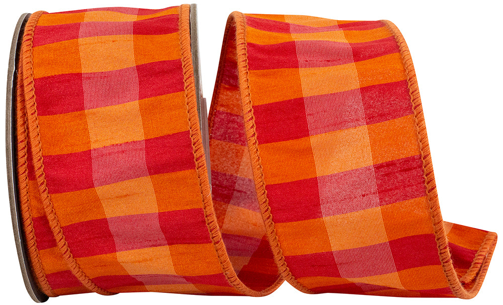 Orange Fuchsia 2-1 2 Inch Dupioni Tierra Check Deluxe Wired Edge Ribbon for Wreaths & Bows