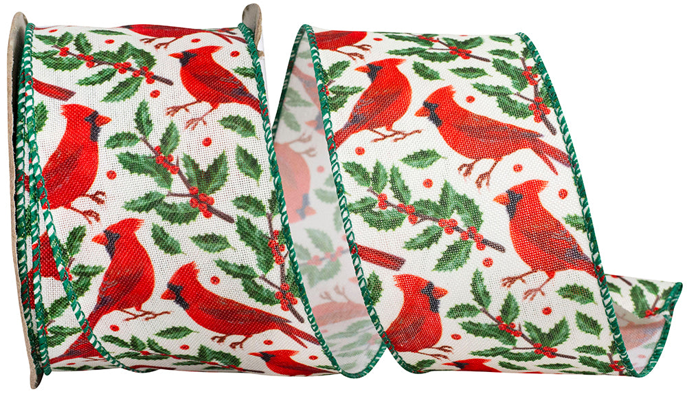 Green Red 2-1 2 Inch Cardinal Sprig Linen Wired Edge Ribbon for Wreaths & Bows