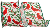 Green Red 2-1 2 Inch Cardinal Sprig Linen Wired Edge Ribbon for Wreaths & Bows