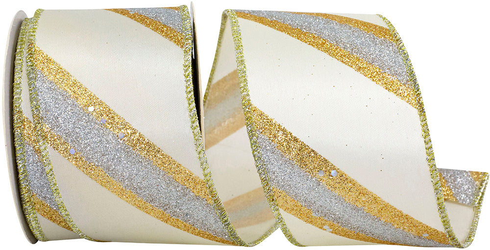 Gold Silver 2-1/2 Inch Glitter Stripe Wired Edge Ribbon
