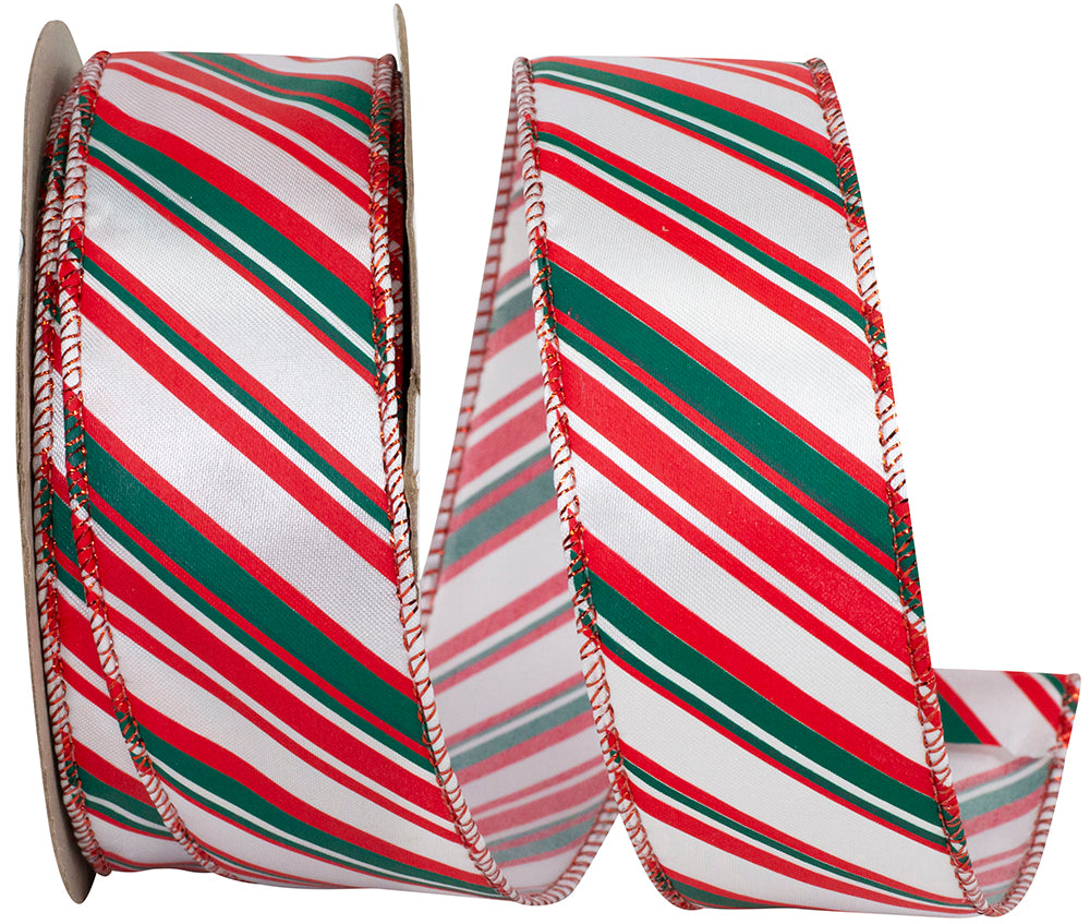 Red Green 1-1 2 Inch Diagonal Prime Stripe Wired Edge Ribbon for Wreaths & Bows
