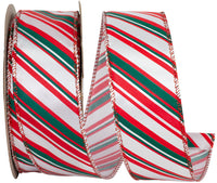Red Green 1-1 2 Inch Diagonal Prime Stripe Wired Edge Ribbon for Wreaths & Bows