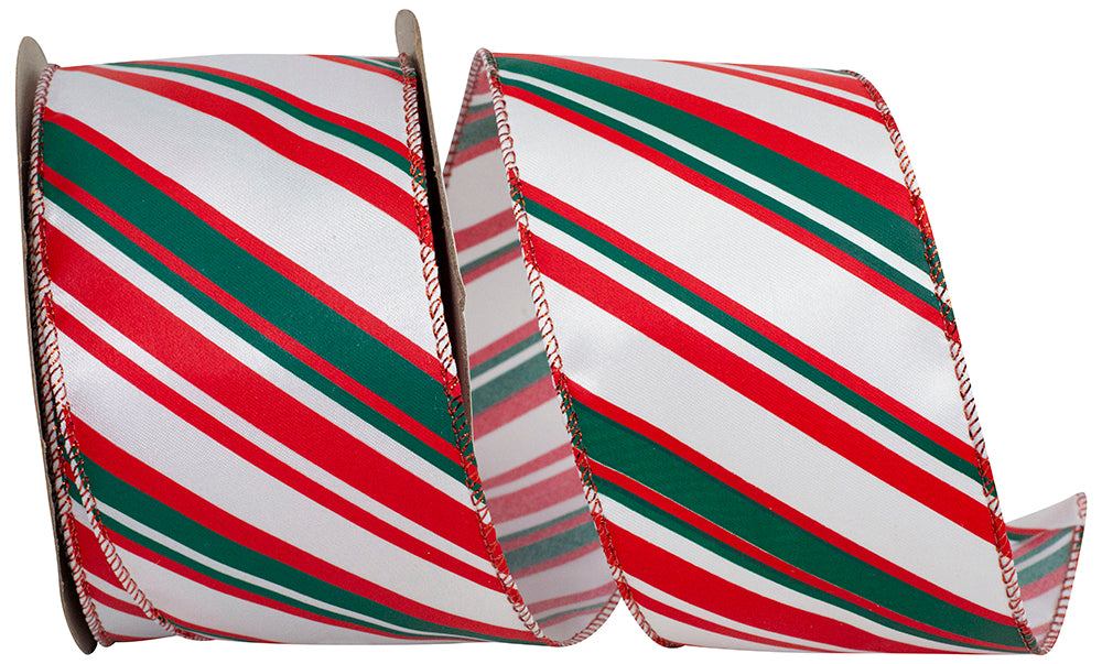 Red Green 2-1 2 Inch Diagonal Prime Stripe Wired Edge Ribbon for Wreaths & Bows