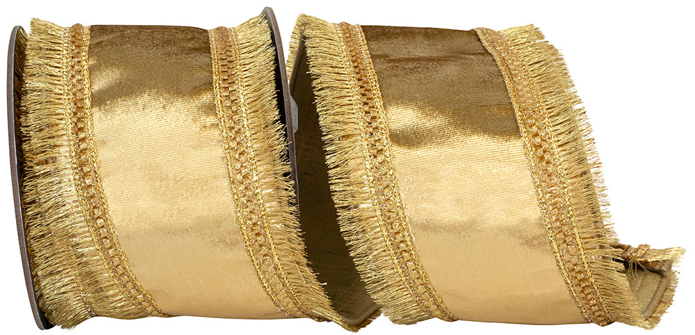 Gold 4 Inch Plush Velvet Fringed Trimming Deluxe Dupioni Backed Wired Edge Ribbon for Wreaths & Bows