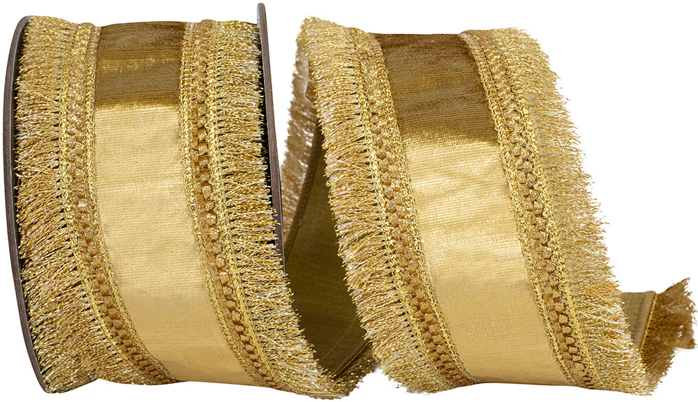 Gold 2-1 2 Inch Plush Velvet Fringed Trimming Deluxe Dupioni Backed Wired Edge Ribbon for Wreaths & Bows