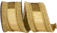 Gold 2-1 2 Inch Plush Velvet Fringed Trimming Deluxe Dupioni Backed Wired Edge Ribbon for Wreaths & Bows