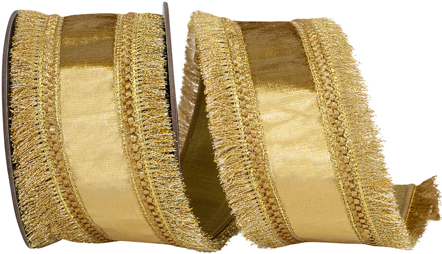 Gold 2-1 2 Inch Plush Velvet Fringed Trimming Deluxe Dupioni Backed Wired Edge Ribbon for Wreaths & Bows