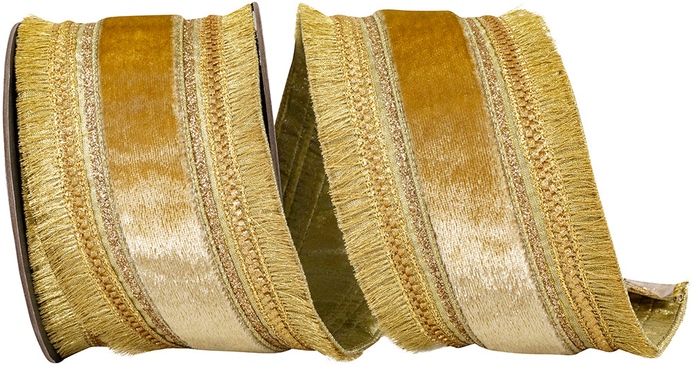 Gold Velvet Fringe Wired Edge Ribbon 4 Inch for Bows