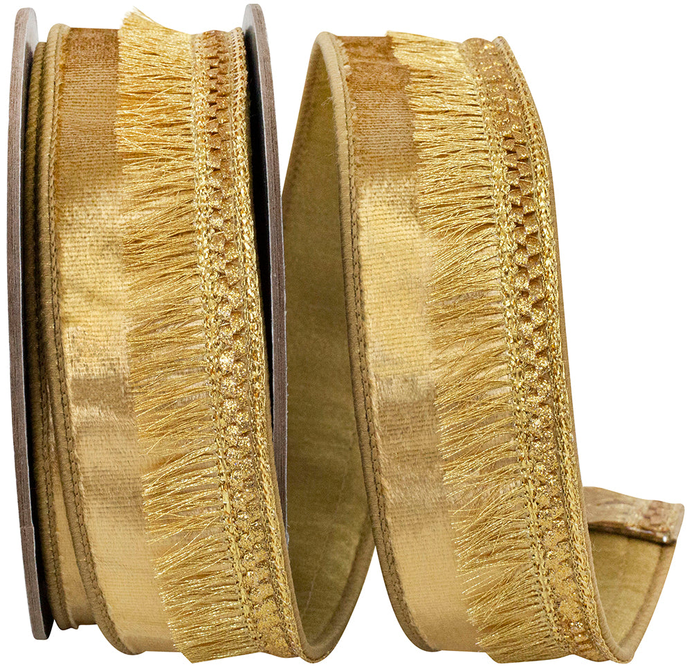 Gold 1-1 2 Inch Trimming Fringe Velvet Plush Deluxe Wired Edge Ribbon for Wreaths & Bows