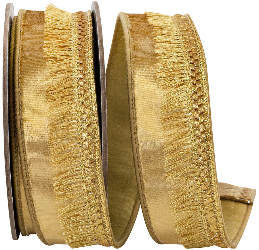 Gold 1-1 2 Inch Trimming Fringe Velvet Plush Deluxe Wired Edge Ribbon for Wreaths & Bows