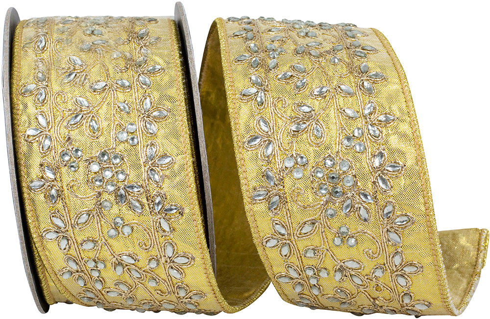 Gold Jeweled Vines Metallic Wired Edge Ribbon 2-1/2 Inch