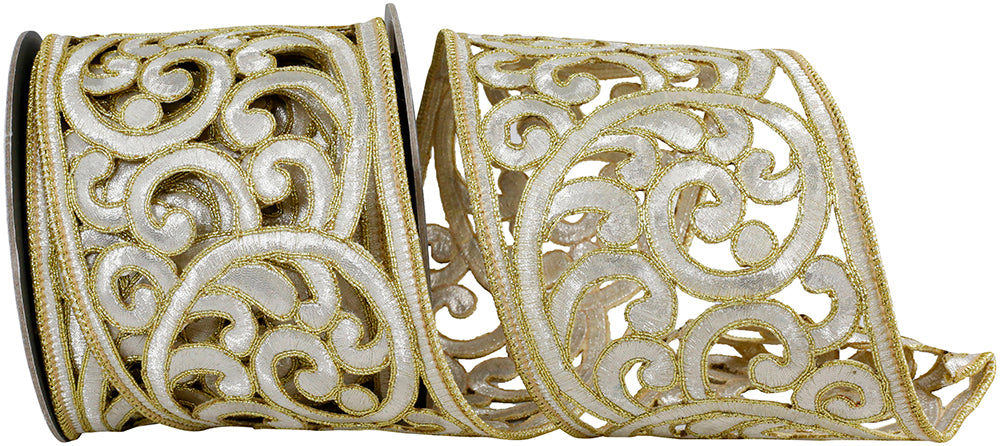 Ivory Gold 4 Inch Wired Edge Ribbon for Wreaths and Bows