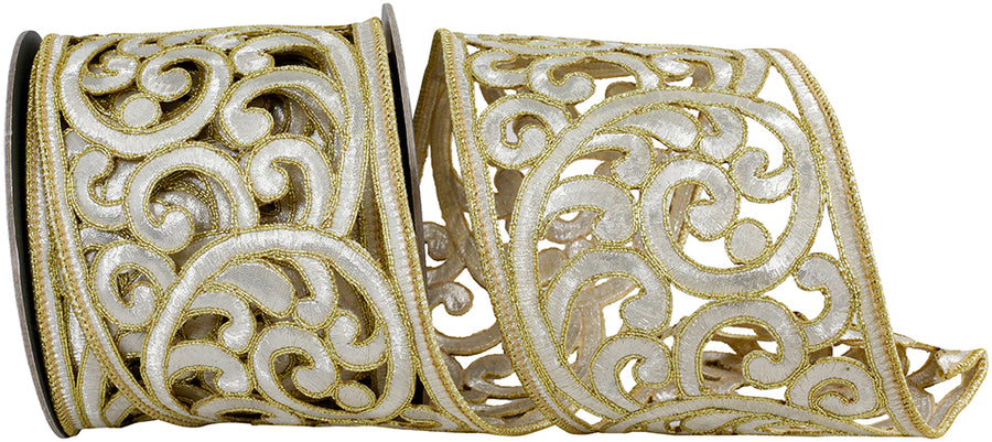 Ivory Gold 4 Inch Wired Edge Ribbon for Wreaths and Bows