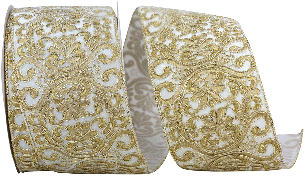 White Gold 4 Inch Filigree Embroidery Velvet Opulence Wired Edge Ribbon for Wreaths & Bows