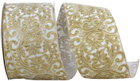 White Gold 4 Inch Filigree Embroidery Velvet Opulence Wired Edge Ribbon for Wreaths & Bows