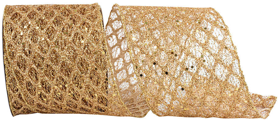 Gold 4 Inch Wired Edge Sequin Dots Ribbon for Wreaths