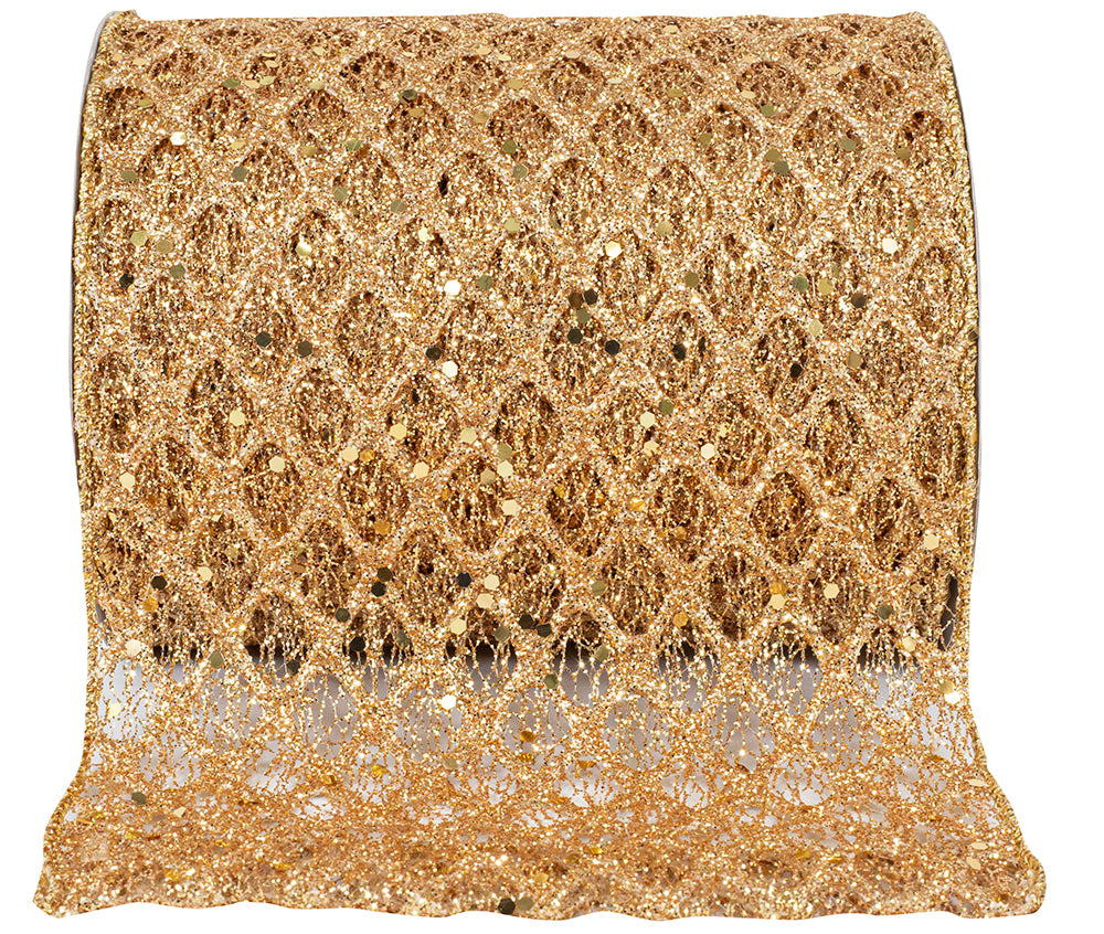 Gold Glitter Mesh Ribbon 6 Inch Wired Edge 10 Yards