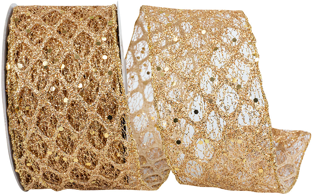 Gold Glitter Mesh Sequin Dots Wired Edge Ribbon 2-1/2 Inch