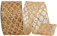 Gold Glitter Mesh Sequin Dots Wired Edge Ribbon 2-1/2 Inch