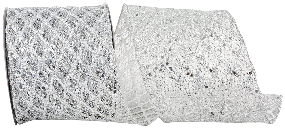 Silver Glitter Mesh Ribbon 4 Inch Wired Edge for Bows