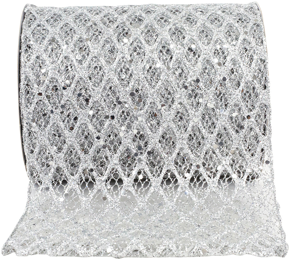Silver 6 Inch Wired Edge Glitter Mesh Ribbon for Bows
