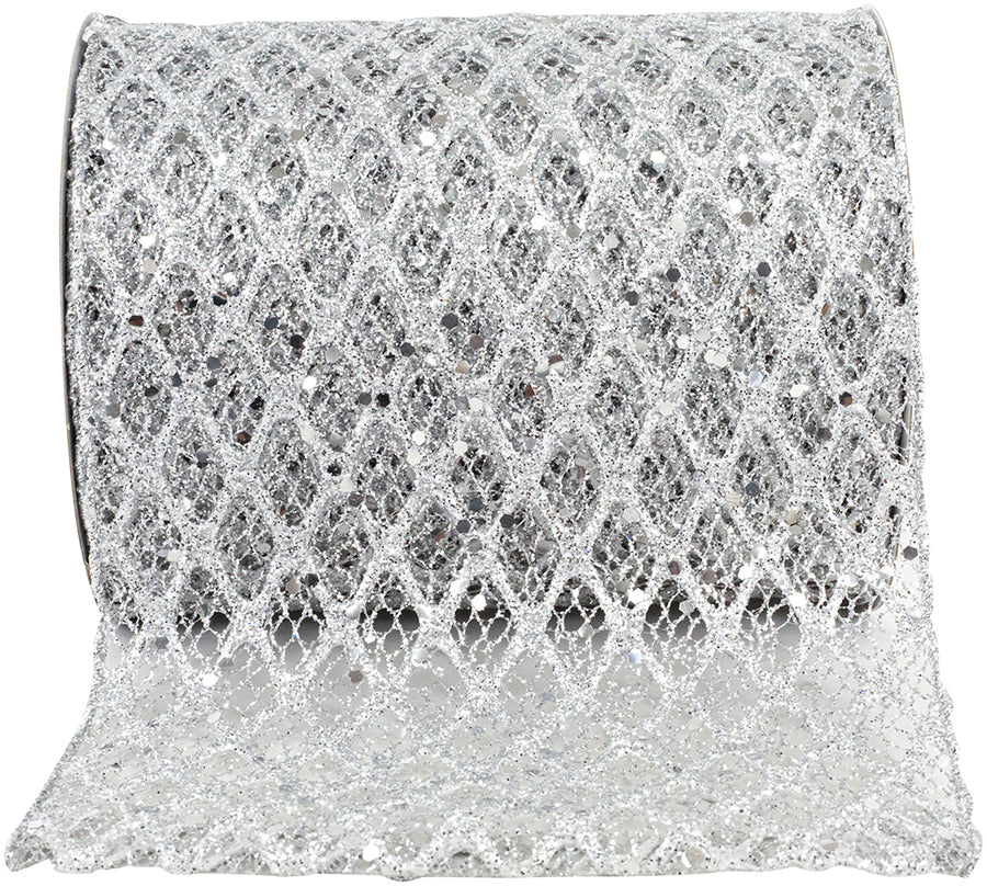 Silver 6 Inch Wired Edge Glitter Mesh Ribbon for Bows