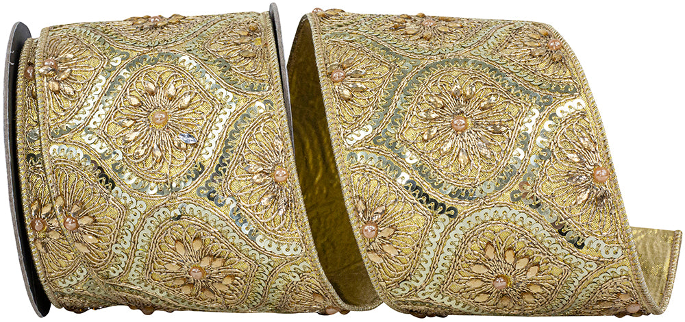 Gold 4 Inch Wired Edge Sequin Ribbon for Wreaths and Bows