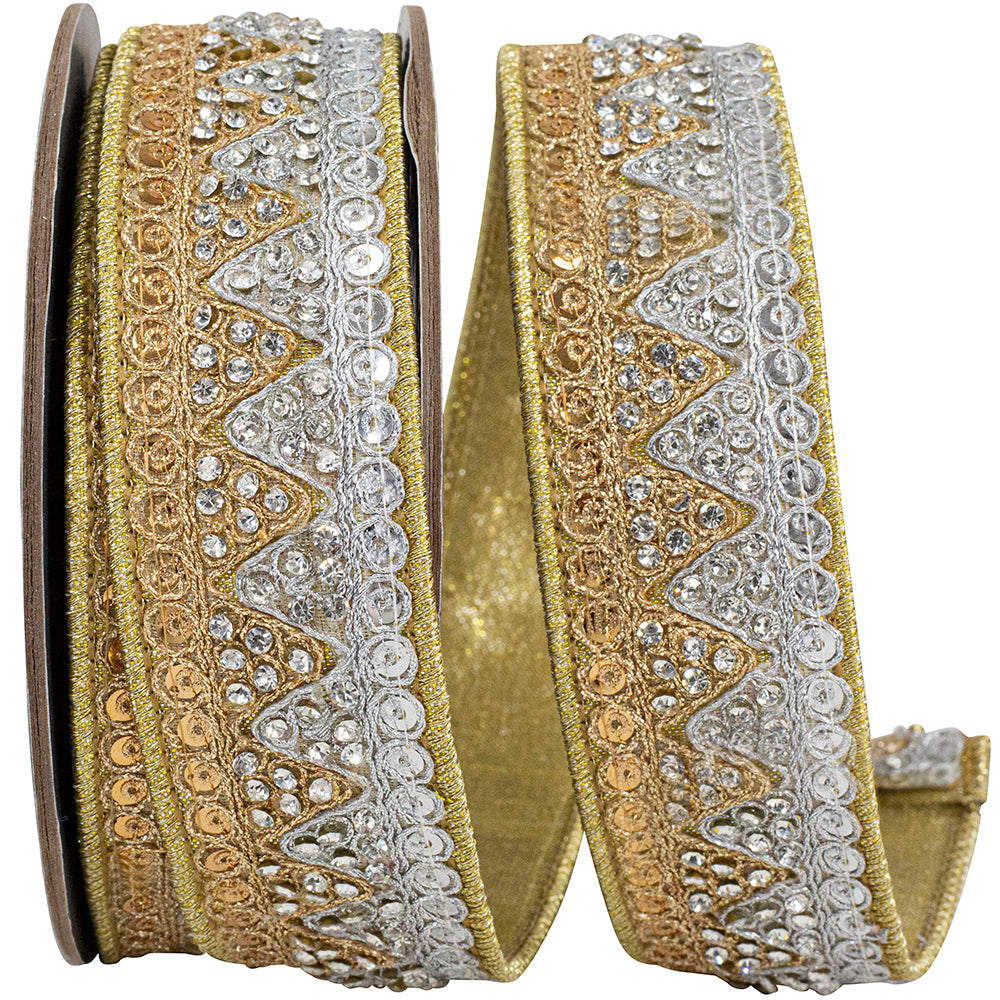 Jewel Sequin Opulence Ribbon Gold Silver 1-1/2 Inch
