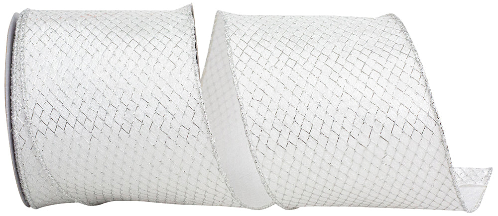 4 Inch White Silver Mesh Velvet Wired Edge Ribbon