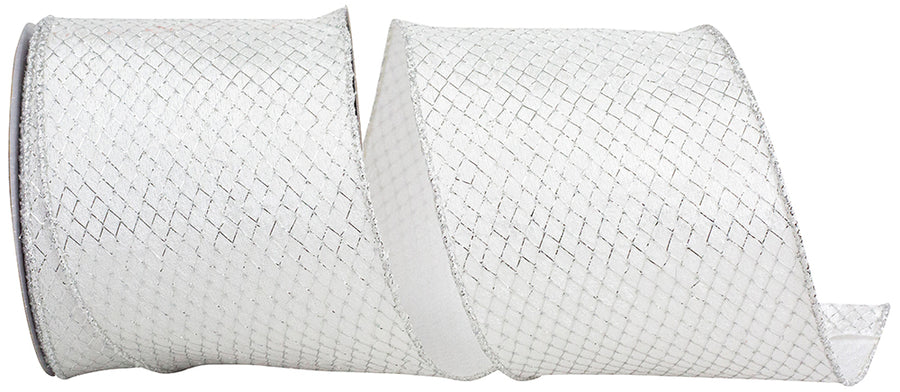 4 Inch White Silver Mesh Velvet Wired Edge Ribbon