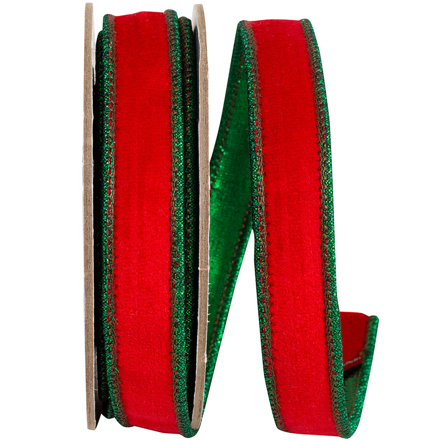 Velvet Touch Metallic Green Dupioni Wired Edge Ribbon Red Green 7/8 Inch