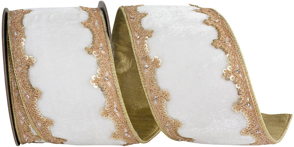 White 4 Inch Plush Velvet Sequin Wired Edge Ribbon