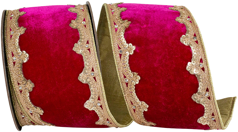 Ruby Velvet Sequin Wired Edge Ribbon 4 Inch for Wreaths