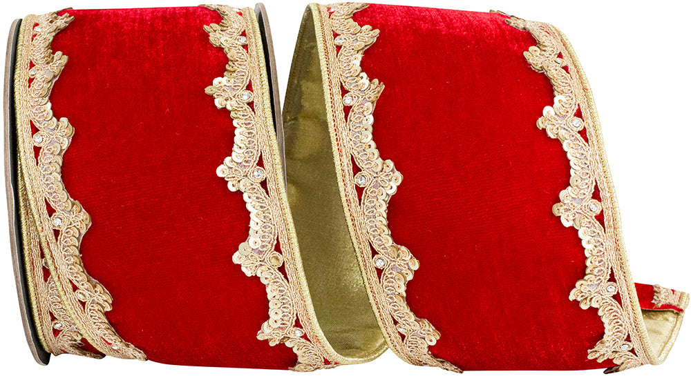 4 Inch Red Gold Plush Velvet Sequin Wired Edge Ribbon