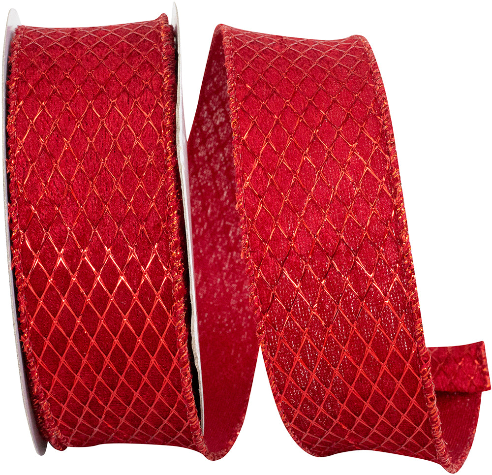 Scarlet Mesh Velvet Ribbon 1-1/2 Inch Wired Edge 10 Yards