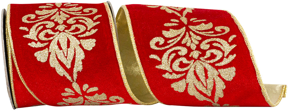 Red Gold Velvet Filigree Glitter 4 Inch Ribbon for Bows