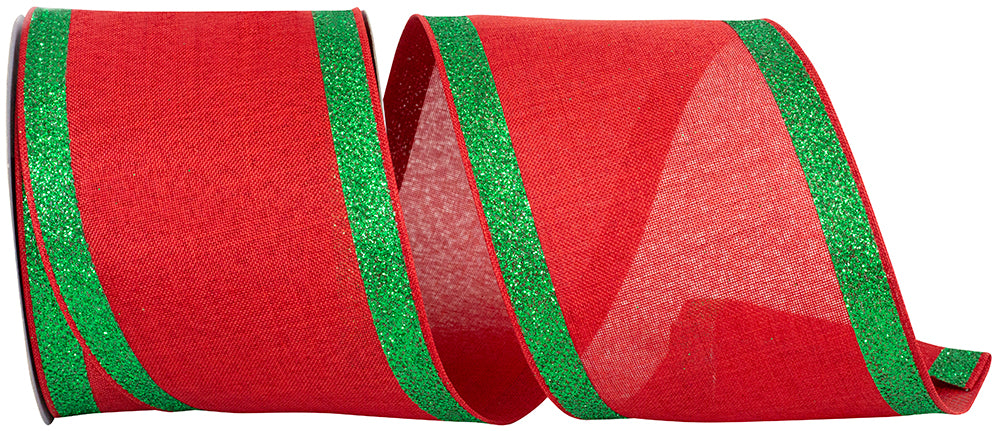 4 Inch Red Green Linen Glitter Wired Edge Ribbon