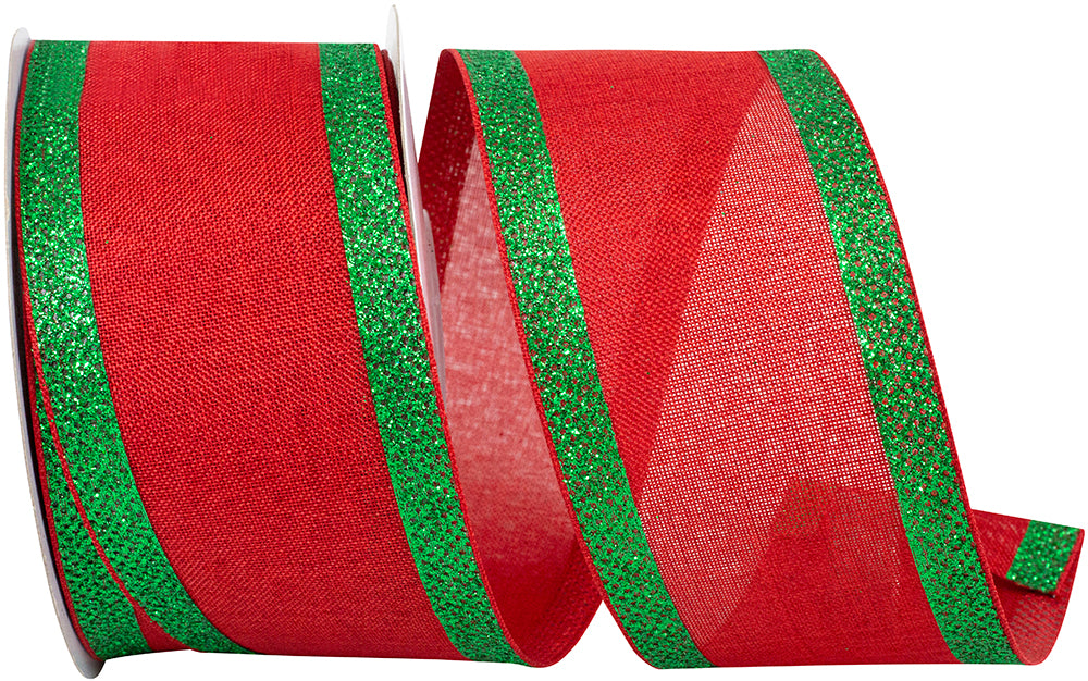 Linen Glitter Wide Stripe Ribbon Red Green 2-1/2 Inch
