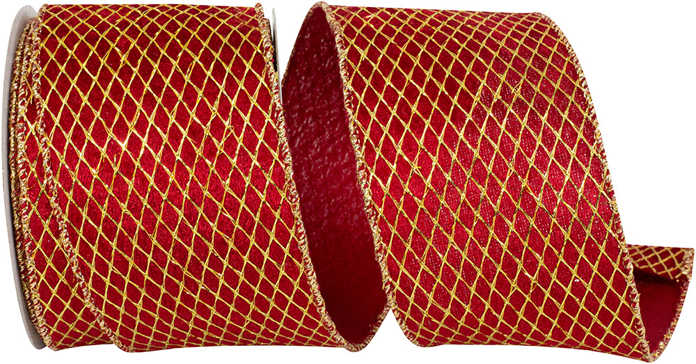 Mesh Velvet Ribbon Scarlet Gold 2-1/2 Inch for Wreaths