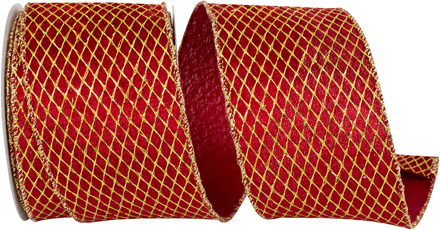 Mesh Velvet Ribbon Scarlet Gold 2-1/2 Inch for Wreaths